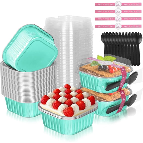 10oz Mini Cake Pans with , 40 Pack  Foil Brownie Pans,Disposable Ramekins Muffin Tins,Square Baking Pans Cupcake Cups,Individual Dessert Containers Flans for Brownie - Blue