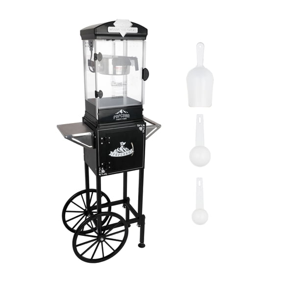 10oz Popcorn Machine with Cart, Vintage Style Popcorn Maker with Stainless Steel Kettle, Storage Cabinet & Wheels for Home, Parties, Concessions-Black