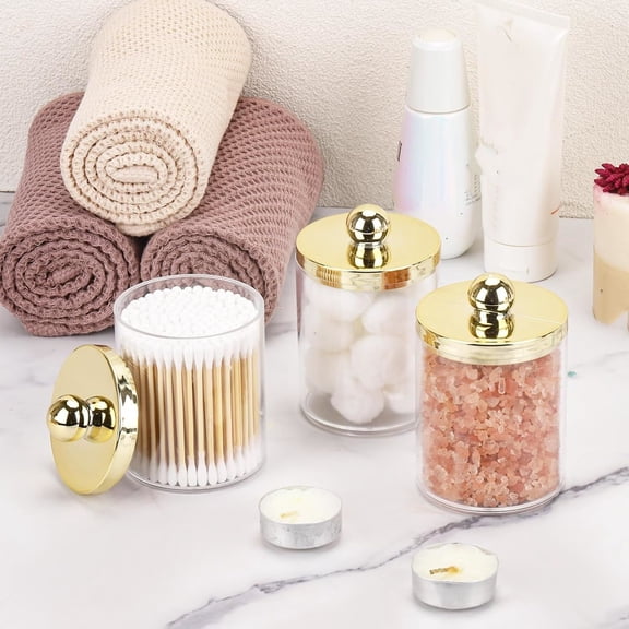 10oz Qtips Holder Bathroom Container - Plastic Jar with Gold Lids for Cotton Round Pads, Gold