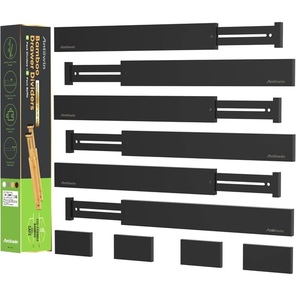 10pack Bamboo Drawer Dividers, Expandable Drawer Separators Splitter, 17-22 inches Adjustable Spring-loaded Organizer for Large Utensil, Clothes, Tools Drawers(Black)