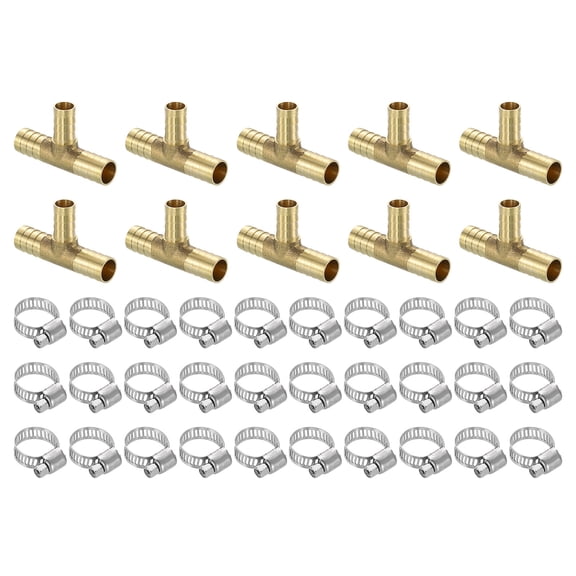 10pack Brass Tee Barb Fittings, 3-Ways Tee 1/2" x 3/8" x 1/2" Barbed, with 30pack Hose Clamps