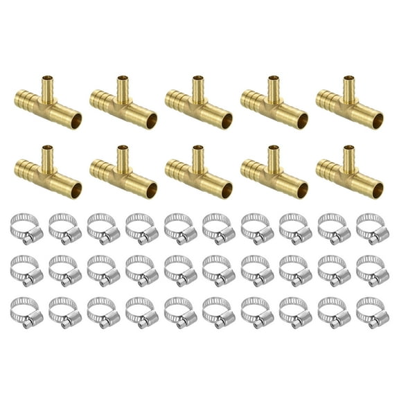 10pack Brass Tee Barb Fittings, 3-Ways Tee 5/8" x 3/8" x 5/8" Barbed, with 30pack Hose Clamps