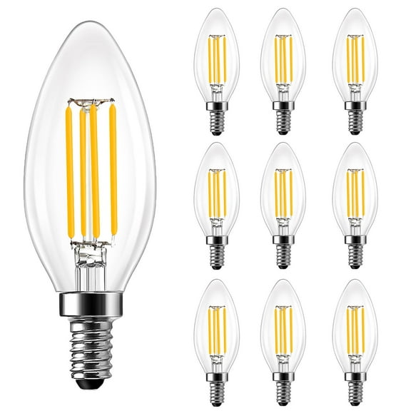 10pack Candelabra Not-Dimmable LED Bulbs, 4W Equivalent 40W E12 Base Clear Glass Cover 2700K Soft White Light C35 Filament LED Candle Light Bulbs for Foyer Chandeliers Ceiling Fan