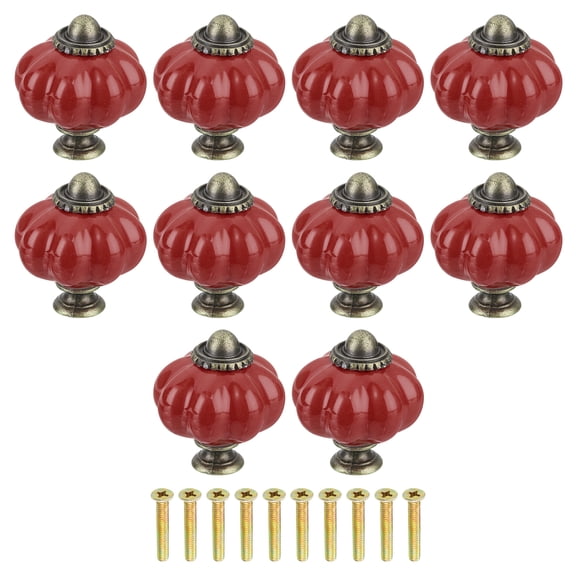 10pack Dark Red Pumpkin Knobs, Vintage Drawer Pulls with 10 Screws, Ceramic
