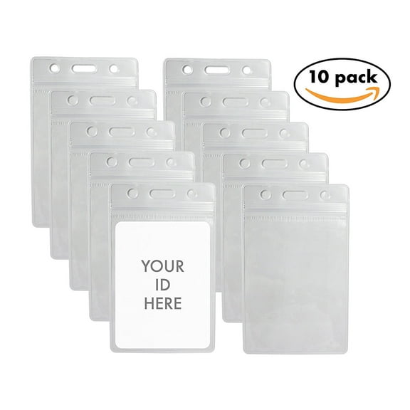 10pack Vertical PVC ID Card Badge Holder - Waterproof and Resealable Zip - Clear Vinyl Heavy Duty 0.4mm Thickness
