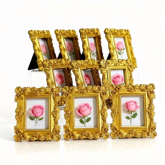 10pack Vintage Baroque Style Resin Picture Frames with Gold Trim, Antique Ornate Square Photo Frames with Easel Back, Glossy Painted Frames for Wedding, Picture Holder for Wall Hanging Table Display