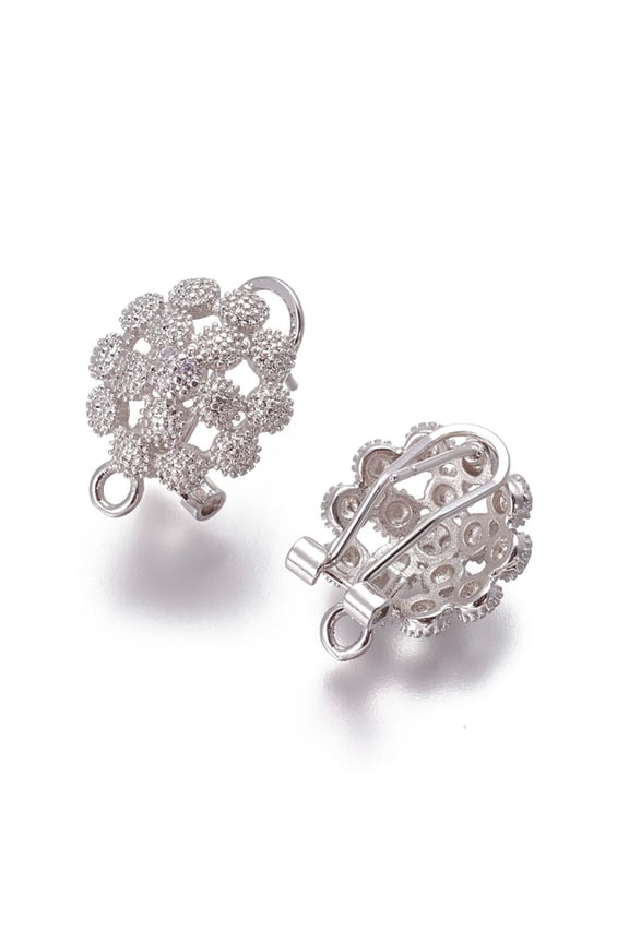 10pairs Brass Micro Pave Cubic Zirconia Stud Earring Findings French Clip Earrings with Loop Flower Clear 19x14.5x12mm Hole: 1.8mm Pin: 0.7mm