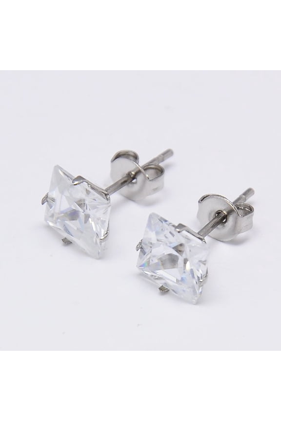 10pairs Cubic Zirconia Ear Studs with Stainless Steel Base Stainless Steel color 8x8mm Pin: 0.7mm