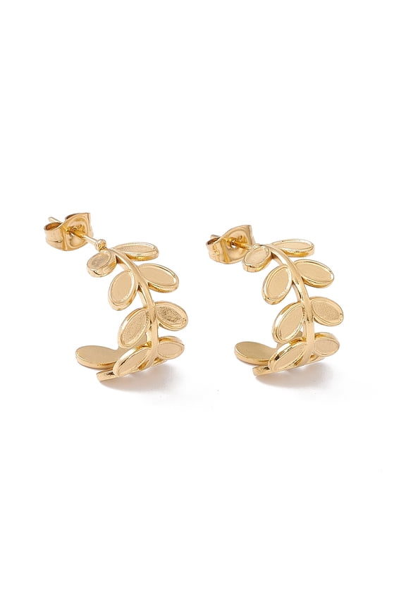 10pairs Ion Plating(IP) 304 Stainless Steel Olive Leaf Wrap Stud Earrings Half Hoop Earrings for Women Golden 16.5x10mm Pin: 0.7mm