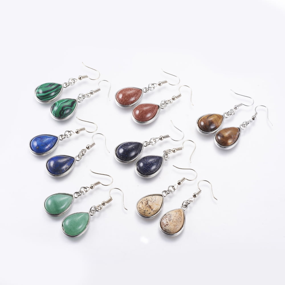 10pairs & Mixed Stone Dangle Earrings with Brass Earring Hooks teardrop 48mm Pin: 0.5mm