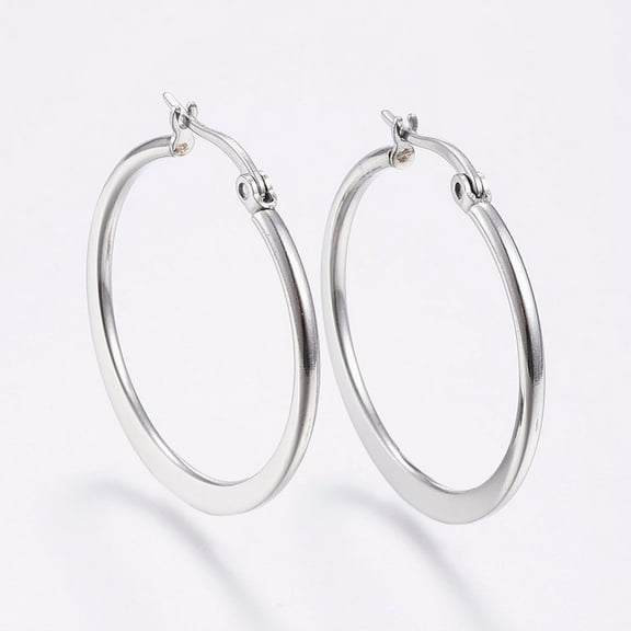 10pairs Tarnish Resistant 304 Stainless Steel Hoop Earrings Hypoallergenic Earrings Flat Ring Shape Stainless Steel color 29~31x2mm Pin: 0.7x1mm