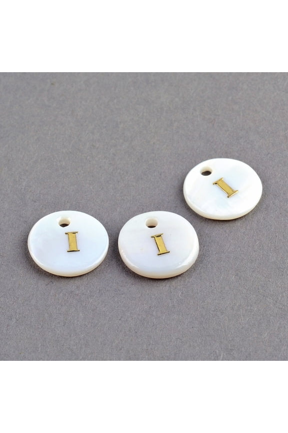10pc 10pc Freshwater Shell Pendants Flat Round with Gold Blocking Letter.I 11.5x2mm Hole: 1.5mm