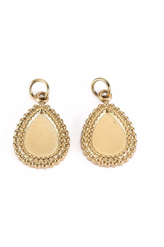 10pc 304 Stainless Steel Charms Cabochon Settings with Jump Rings Teardrop Real 14K Gold Plated Tray: 8x6mm 14x10x2mm Jump Ring: 3.8x0.5mm 2.8mm inner diameter