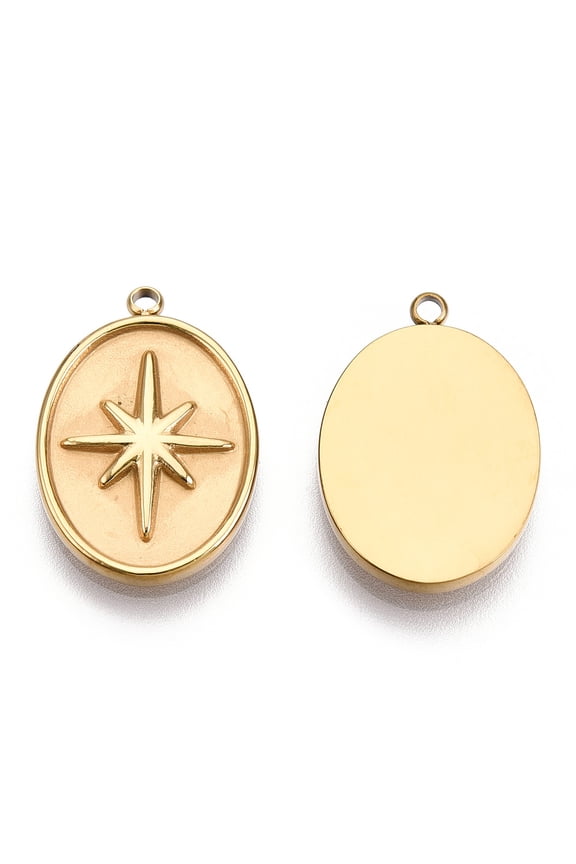 10pc 304 Stainless Steel Charms Oval with Star Charm Nickel Free Real 14K Gold Plated 20.5x14x2mm Hole: 1.5mm
