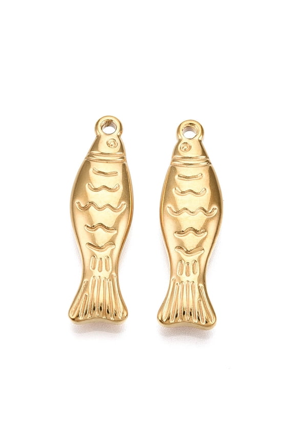 10pc 304 Stainless Steel Pendants Fish Charms Ion Plating(IP) Real 18K Gold Plated 33x9.5x5mm Hole: 1.8~2mm
