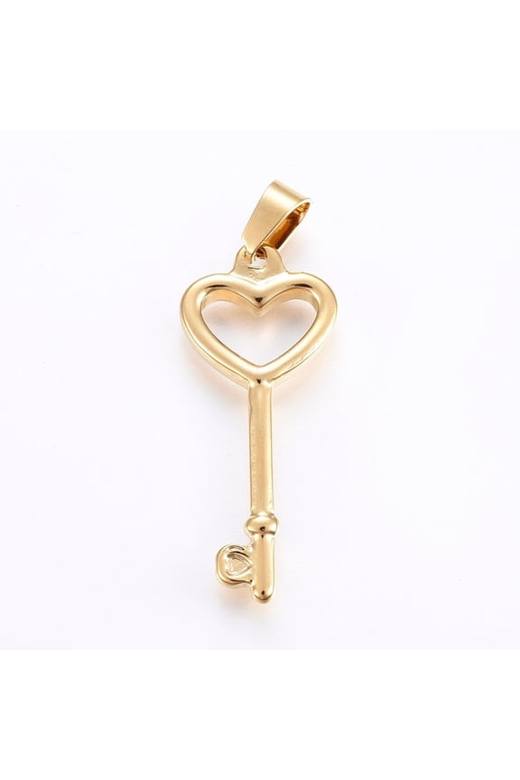 10pc 304 Stainless Steel Pendants Hollow Key with Heart Golden 36x15x3mm Hole: 7x4mm