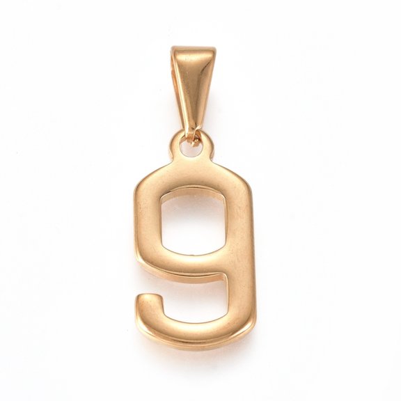 10pc 304 Stainless Steel Pendants Number Golden Num.9 21x10.5x1.5mm Hole: 7x3mm