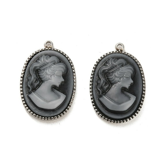 10pc 304 Stainless Steel Pendants Oval Acrylic Cameo Lady Charms Gray Stainless Steel Color 22x14.5x4.5mm Hole: 1.2mm