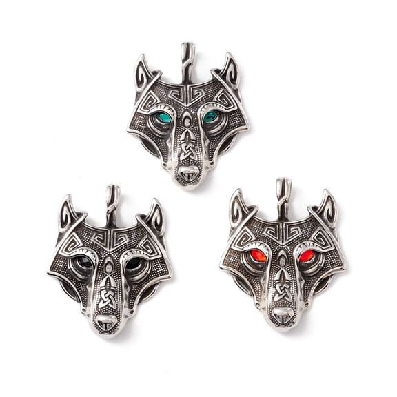 10pc 304 Stainless Steel Pendants with Rhinestone Eyes Wolf Mixed Color 49x39x7mm Hole: 5.5X9.5mm