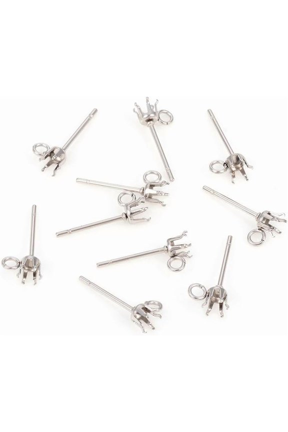 10pc 304 Stainless Steel Post Stud Earring Settings Prong Earring Setting with Loop 6.5x4mm Hole: 1.6mm Pin: 0.8mm Tray: 2.5mm