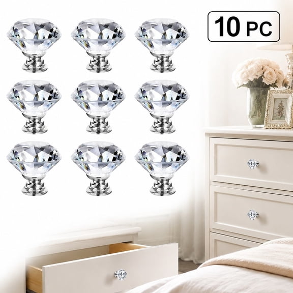 10pc 30mm Crystal Clear Glass Cabinet Drawer Pulls, Diamond Shape Cupboard Knobs with Screws for Kitchen, Dresser, Cupboard, Bathroom, Wardrobe (1.2 inch / 30 mm)