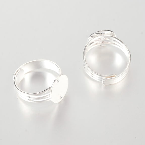 10pc Adjustable Brass Pad Ring Base Settings Silver Color Plated Tray: 12mm 18mm