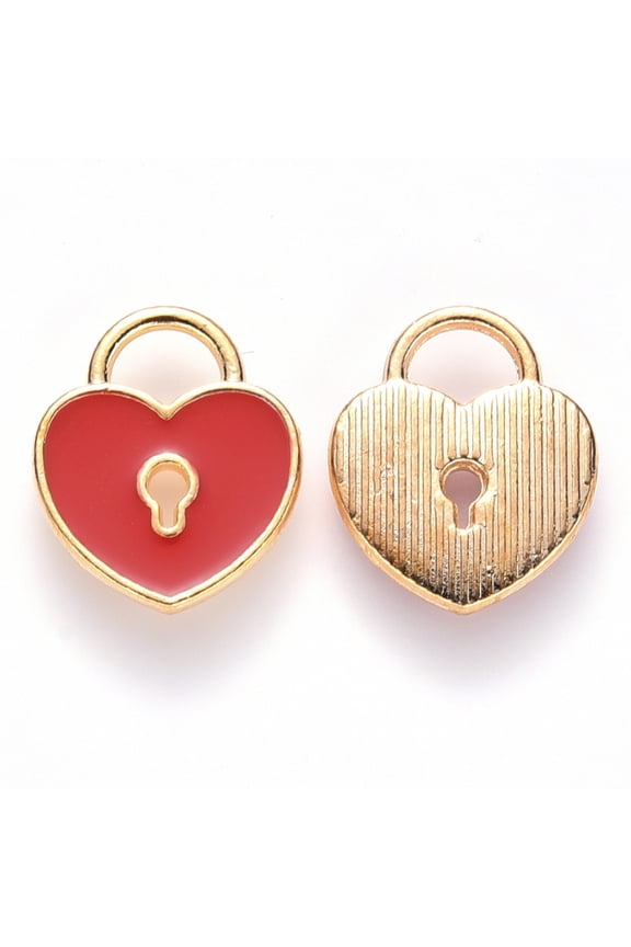 10pc Alloy Enamel Charms Heart Lock Light Gold Red 13x11x1.5mm Hole: 3x4mm