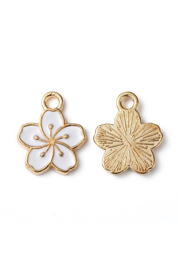 10pc Alloy Enamel Charms Plum Blossom Flower Light Gold White 14.5x12x1.5mm Hole: 2mm