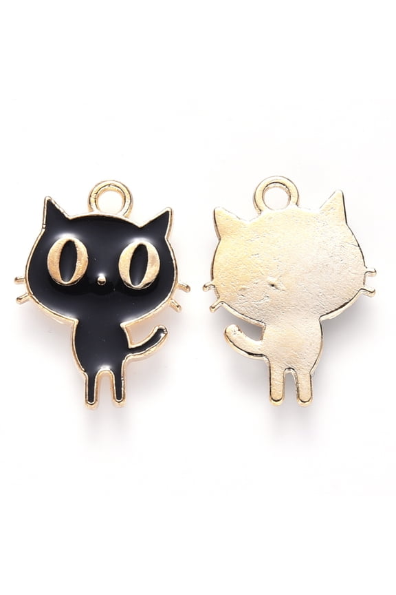 10pc Alloy Enamel Pendants Cat Shape Light Gold Black 19x14x2mm Hole: 1.8mm