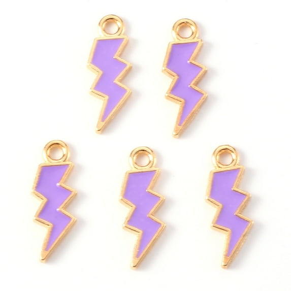 10pc Alloy Enamel Pendants, Lightning Bolt, Light Gold, Purple, 20x7x1.5mm, Hole: 2mm