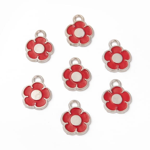 10pc Alloy Enamel Pendants Platinum Flower FireBrick 16x13x1.5mm Hole: 1.8mm