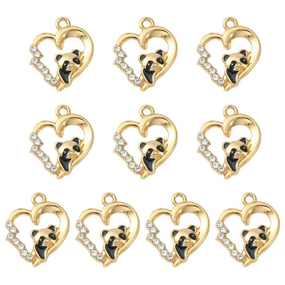 10pc Alloy Enamel Pendants with Crystal Rhinestone Heart & Panda Charm Light Gold 20x17x3mm Hole: 1.6mm Material Alloy Rhinestone+Enamel
