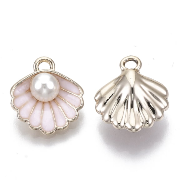 10pc Alloy Pendants with ABS Plastic Imitation Pearl & Enamel Shell with Pearl Light Gold Misty Rose 16x15x7mm Hole: 1.5mm DIY