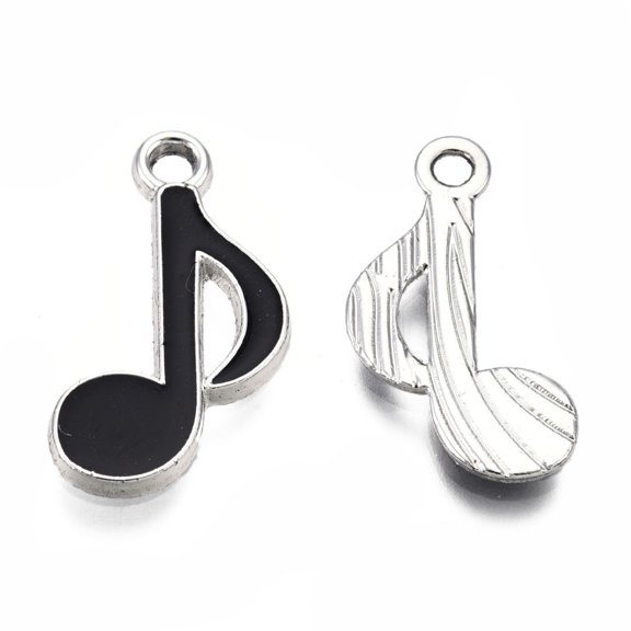 10pc Alloy Pendants with Enamel Musical Note Platinum Black 20x12x2mm Hole: 1.8mm