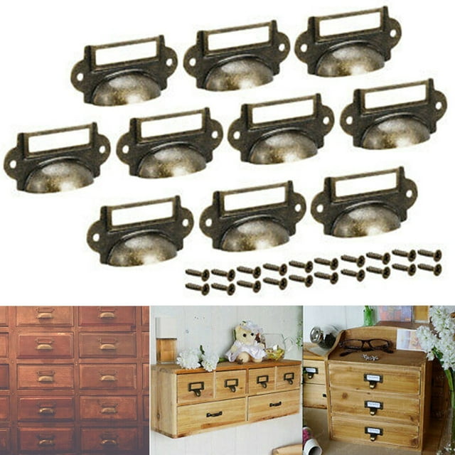 10pc Antique Brass Drawer Label Pull Frame Handle File Name
