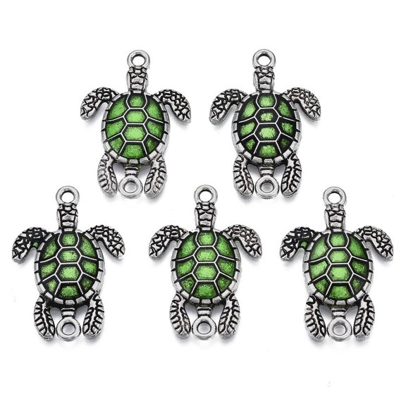 10pc Silver Tone Alloy Connector Charms with Enamel Sea Turtle Lime Green 27x18.5x3.5mm Hole: 1.6mm