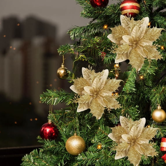 10pc Artificial Christmas Tree Flower Decorations with Clips, Red Gold Silver Holiday Party Ornaments