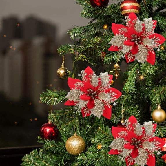10pc Artificial Christmas Tree Flower Decorations with Clips, Red Gold Silver Holiday Party Ornaments