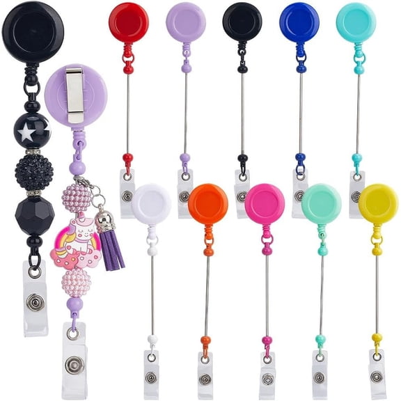10pc Beadable Badge Holders - Retractable Reel with Bar Clips ID Name Badge Holder