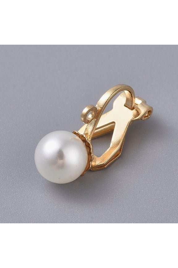 10pc Brass Clip-on Earring Findings with Acrylic Imitation Pearl and Loop Real 18K Gold Plated 18x6.5x9.5mm