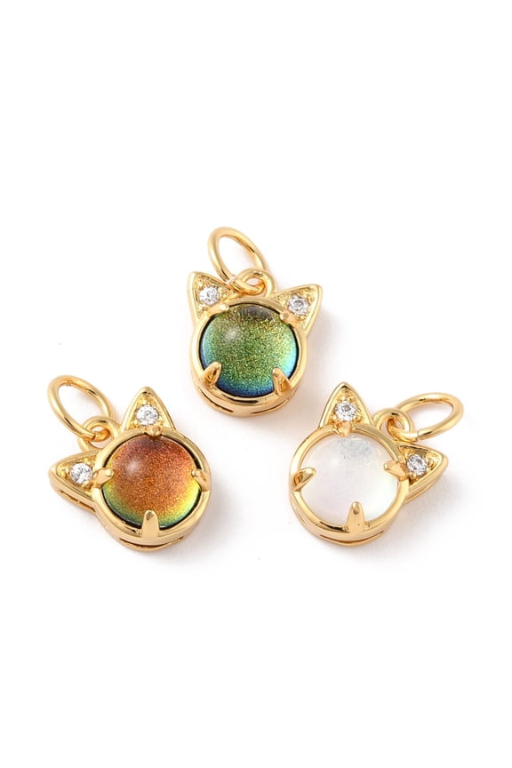 10pc Brass Cubic Zirconia Charms with Glitter Powder Glass Cadmium Free Cat Real 18K Gold Plated Mixed Color 9.5x8.5x5.5mm
