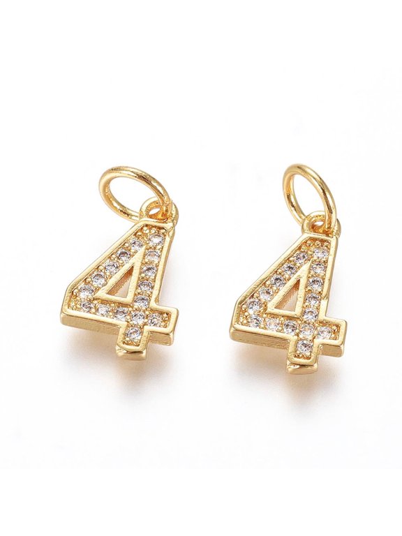 10pc Brass Micro Pave Clear Cubic Zirconia Charms with Jump Ring Number Golden Num.4 12x7.5x2mm Hole: 3mm