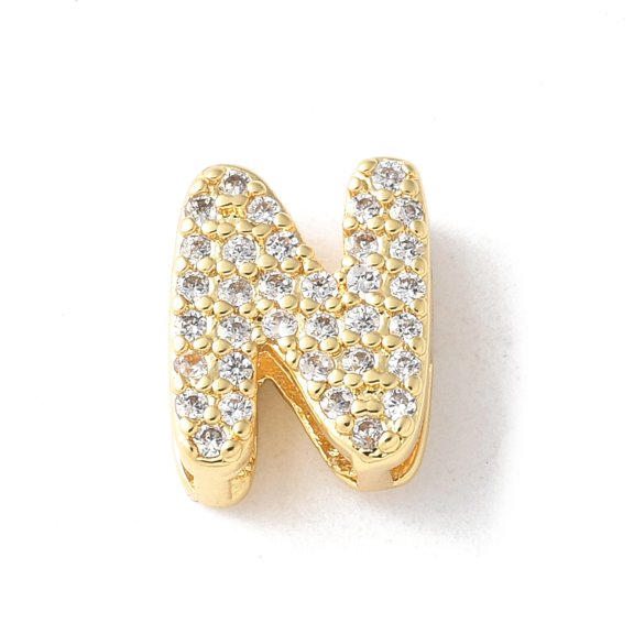 10pc Brass Micro Pave Clear Cubic Zirconia Initial Multi-strand Links Real 18K Gold Plated Lead Free & Cadmium Free Long-Lasting Plated Rack Plating Letter N 10x5~9.5x4.5~5mm Hole: 1.5~3.2x2~8mm