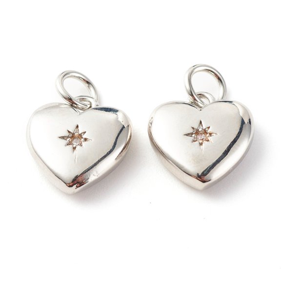 10pc Brass Micro Pave Clear Cubic Zirconia Pendants Cadmium Free & Lead Free Heart Platinum 15x10.5x3.5mm Hole: 3.5mm