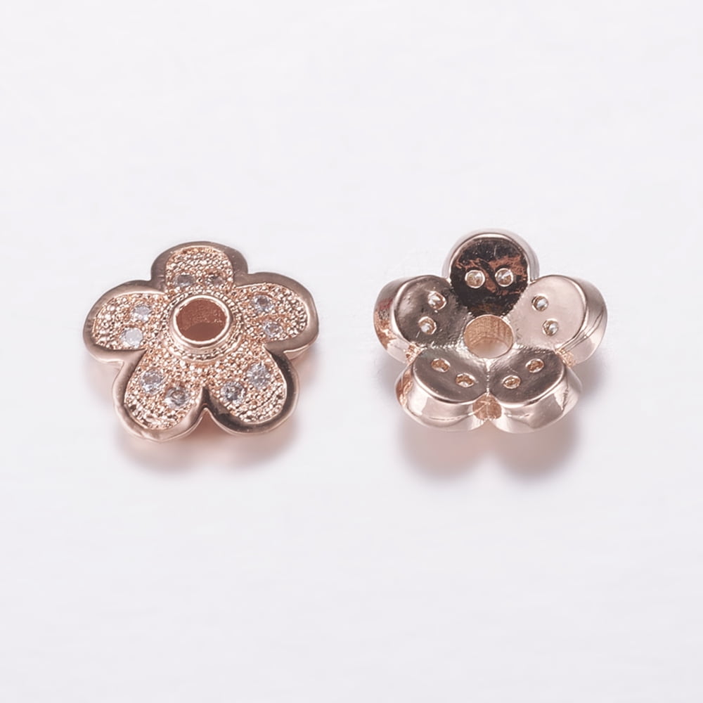 10pc Brass Micro Pave Cubic Zirconia Bead Cap Cadmium Free \u0026 Lead Free 5-Petal Rose Gold 8.5x3mm Hole: 1.5mm