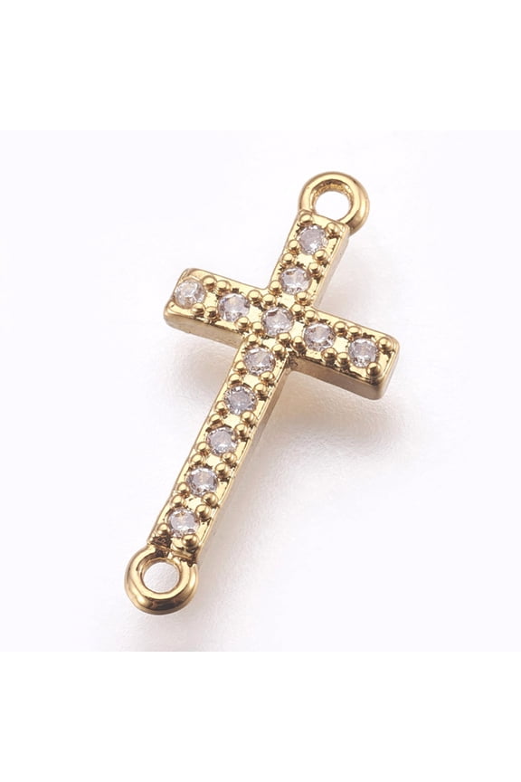 10pc Brass Micro Pave Cubic Zirconia Cadmium Free Sideways Cross Golden & Links Clear Lead Free 18x9x2mm Hole: 1mm