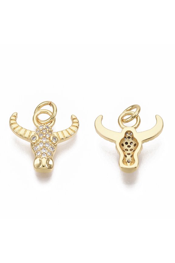 10pc Brass Micro Pave Cubic Zirconia Charms Cow Head Real 18K Gold Plated Clear 14x14x3mm Jump Ring: 5x1mm 3mm inner diameter