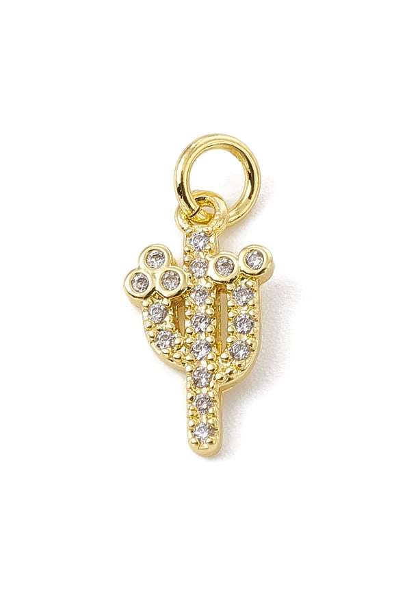 10pc Brass Micro Pave Cubic Zirconia Charms with Jump Rings Cactus Charms Real 18K Gold Plated 14.5x8x1.5mm Hole: 3.4mm
