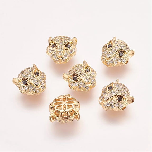 10pc Brass Micro Pave Cubic Zirconia Leopard Beads Golden 11.5x11.5x7mm Hole: 1mm DIY DIY