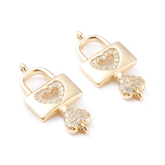 10pc Brass Micro Pave Cubic Zirconia Links Long-Lasting Plated Lock with Key & Heart Clear Real 18K Mixed Color Plated 26.5x12x3mm Hole: 1.2mm